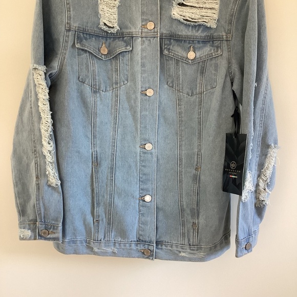 Boom Boom Distressed Torn Moto Jean Denim Trucker Jacket Sz L Relaxed Fit NWT - Picture 5 of 14